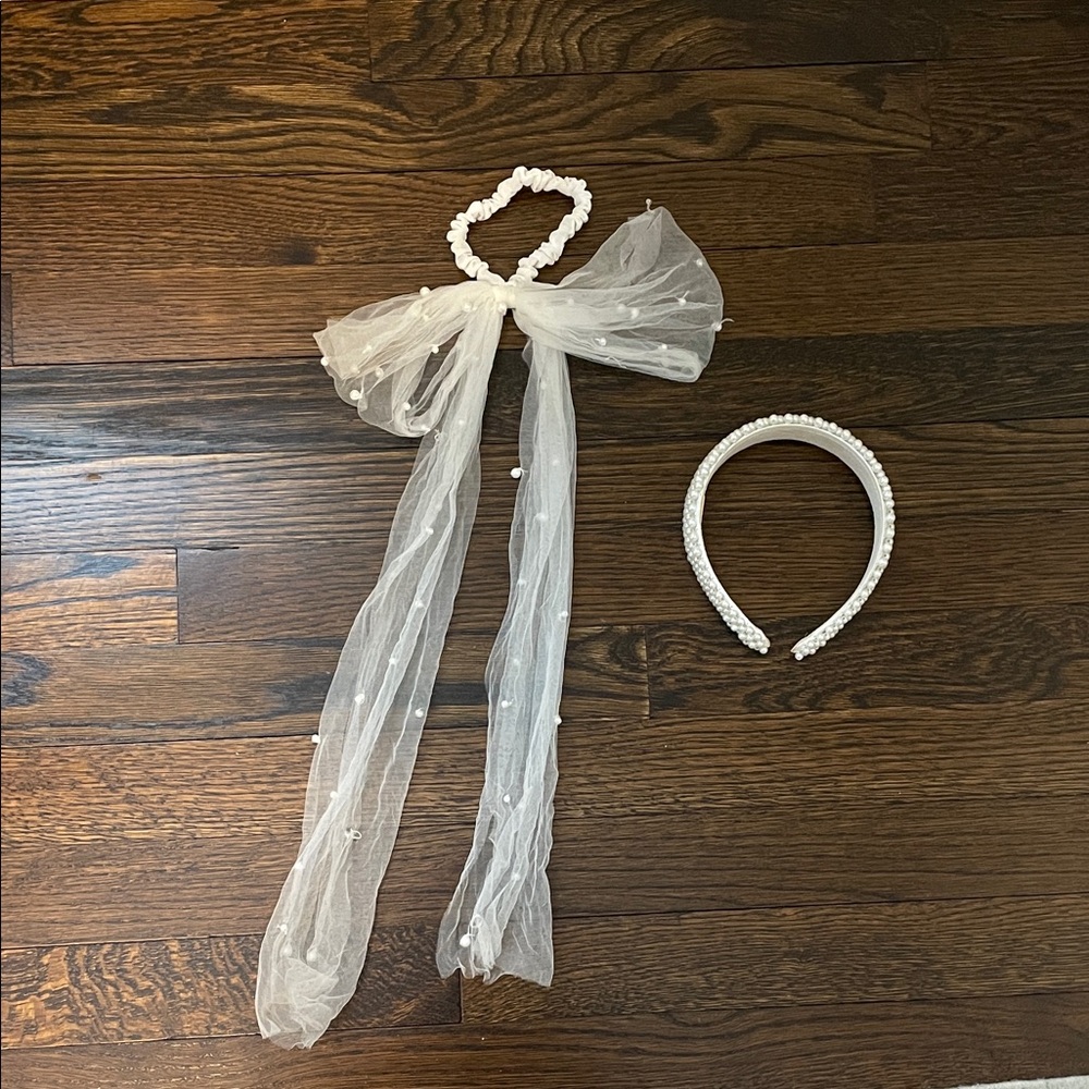 Baublebar Pearl Embellished White Headband and lace bow hair elastic